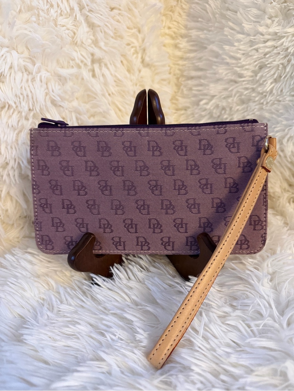Dooney & Bourke Monogram Canvas Lilac Slim Wristlet Tan Strap, EUC